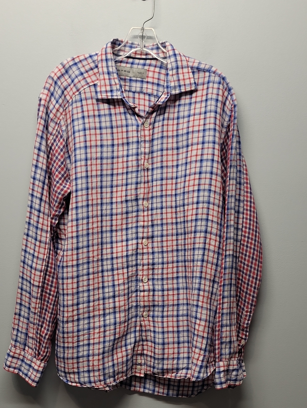 ETRO red white blue plaid linen button down mens shirt size Large